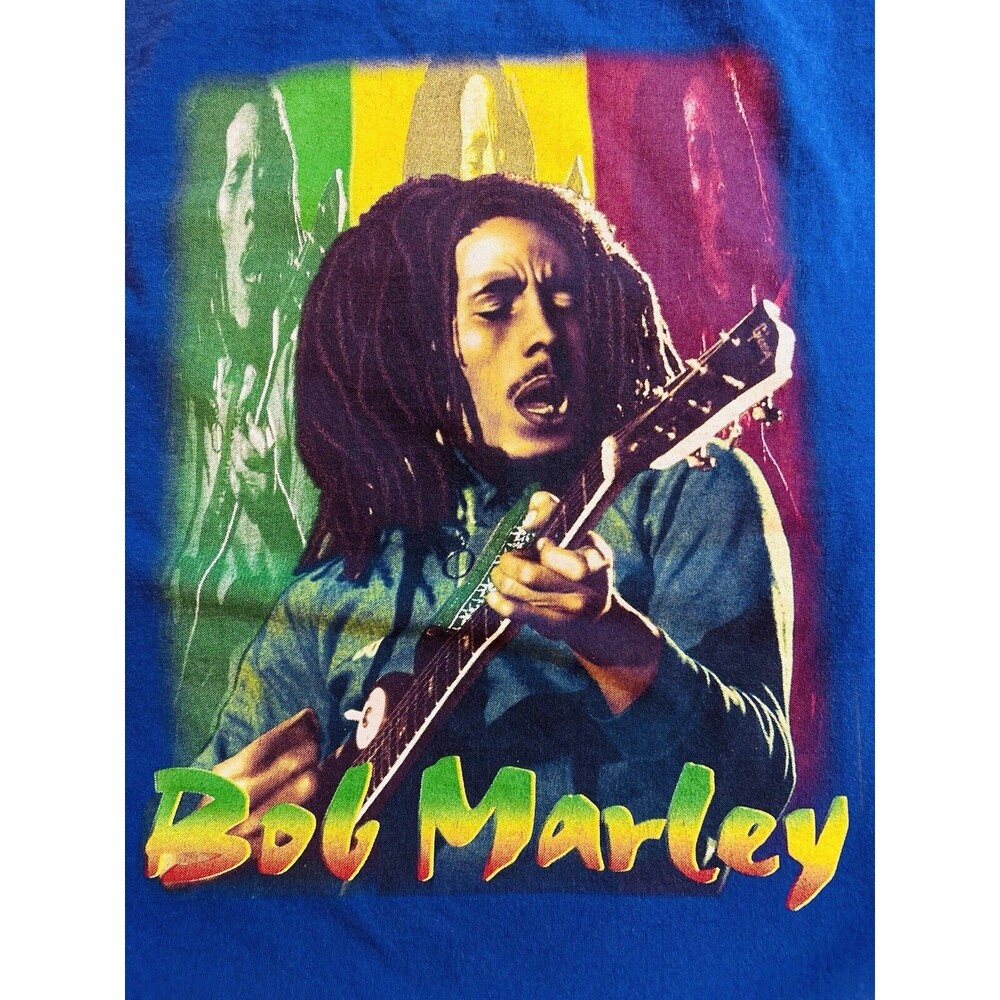 BOB MARLEY Shirt Sz XL Royal Blue Front Back Printed Reggae
